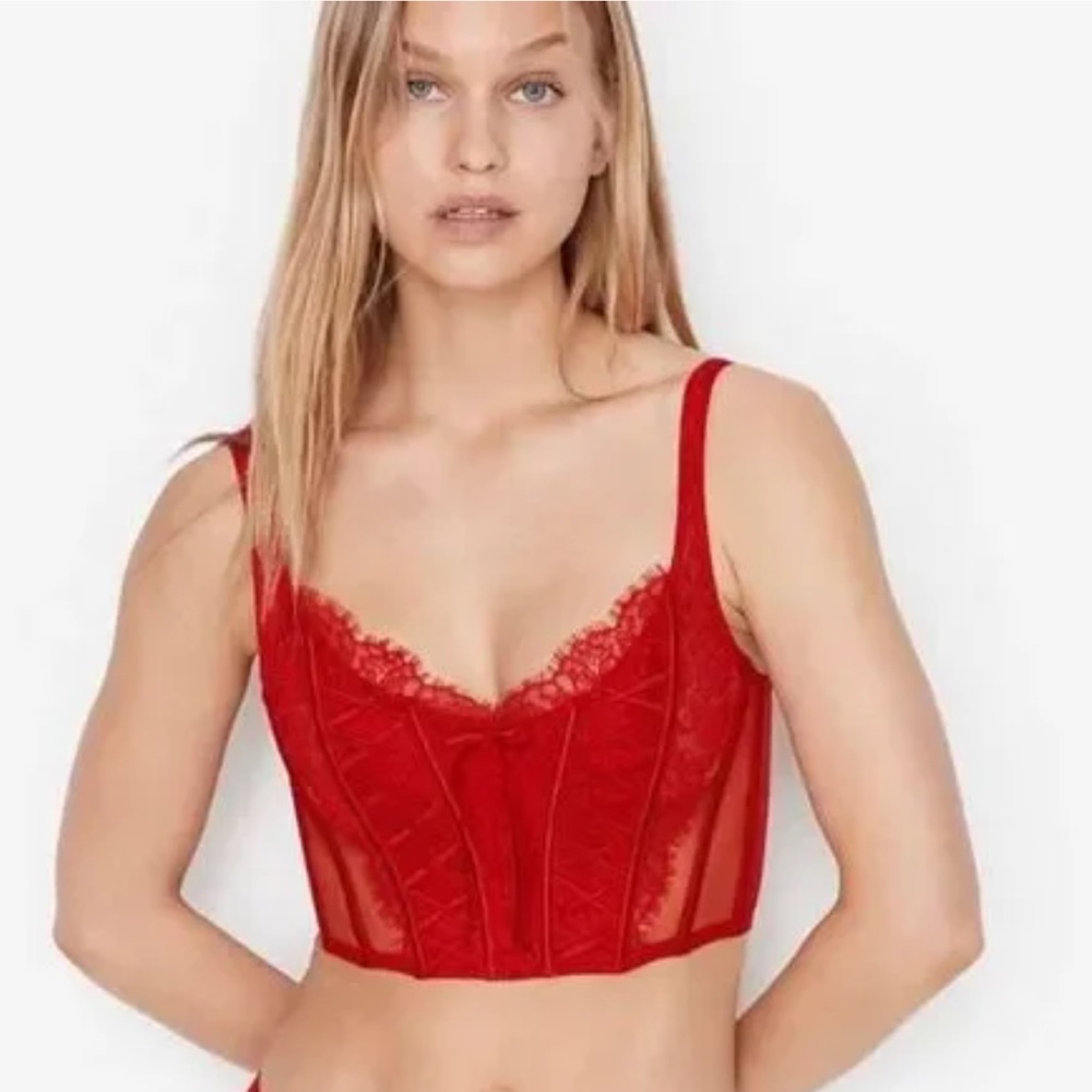 NWT Victoria’s Secret Red Lace-Up Corset Bustier Lace Bra Top Size Small